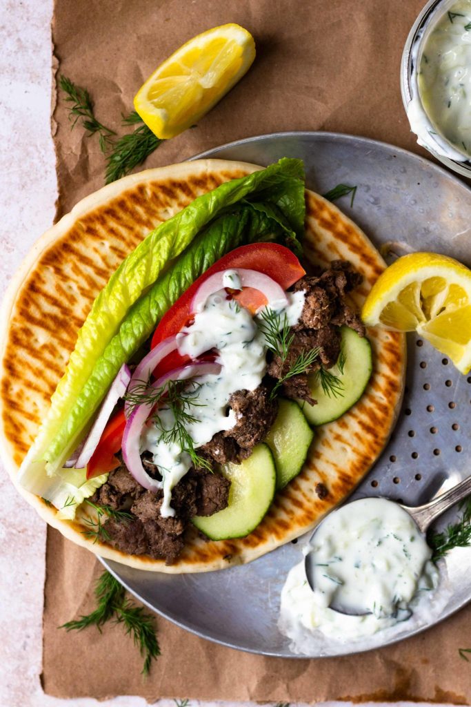 soy curl gyros with&nbsp;tzatziki